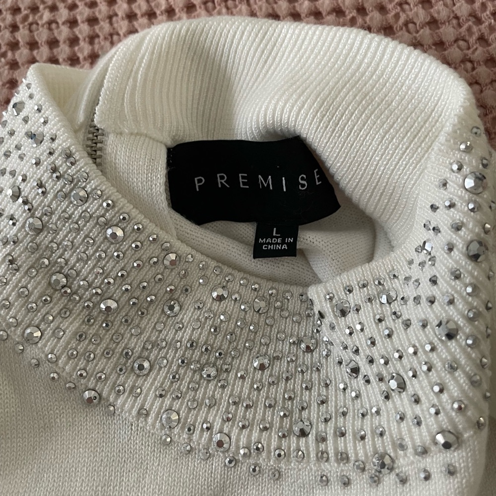Premise white cream mock turtleneck sweater with sparkle beading